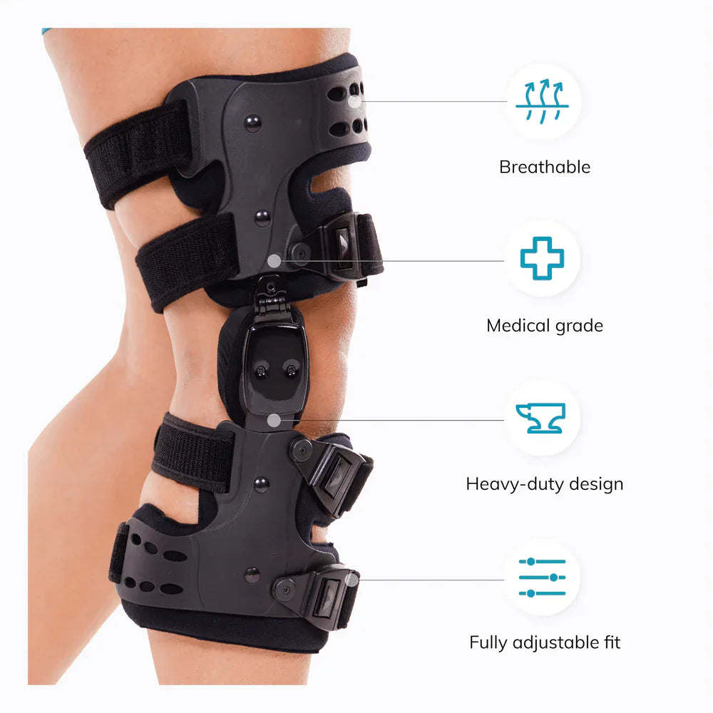 Brehn | Ginocchiera medica OA di scarico | Ortesi per artrosi unicompartimentale | Correzione Varus/Valgus & Controllo ROM | Scarico Mediale & Laterale | Angolo di movimento regolabile