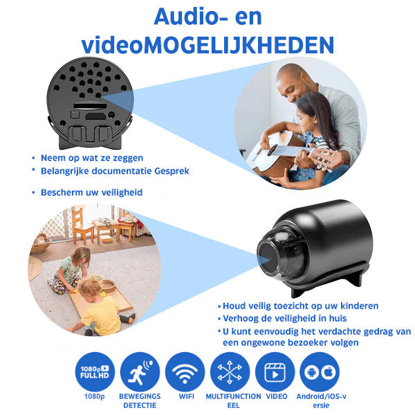 MiniEye Full HD Telecamera di Sicurezza | Mini Telecamera Compatta con Visione Notturna e Rilevamento di Movimento