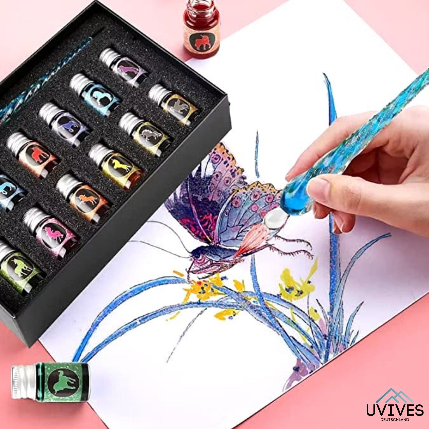 PrismWriter - Matita di calligrafia in cristallo fatta a mano e set di colori