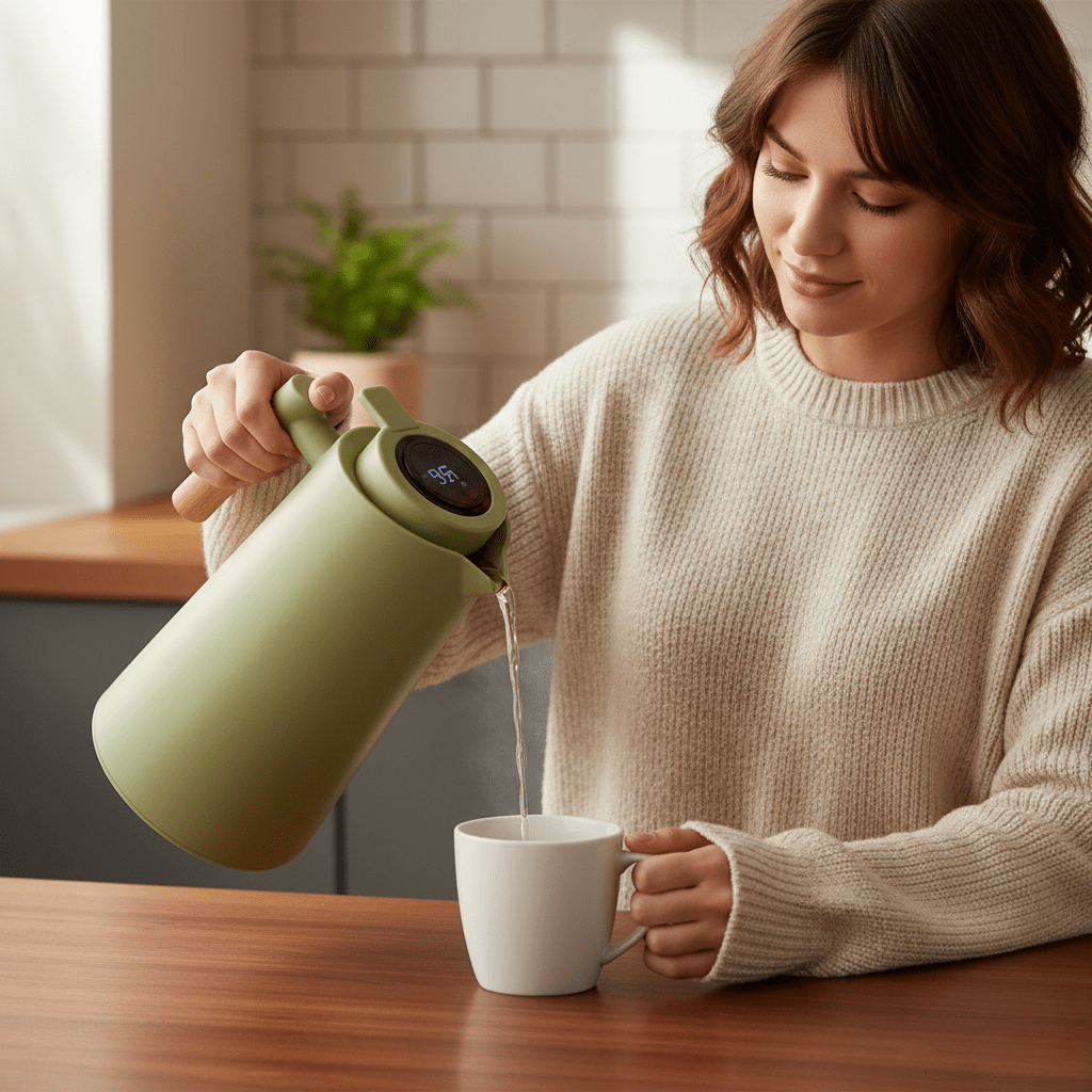 LATTEA THERMO – Thermos a doppia parete con indicatore di temperatura e manico in legno