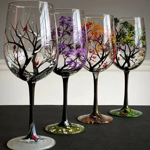 Bicchieri da Vino Albero delle Quattro Stagioni - Arte Dipinta a Mano