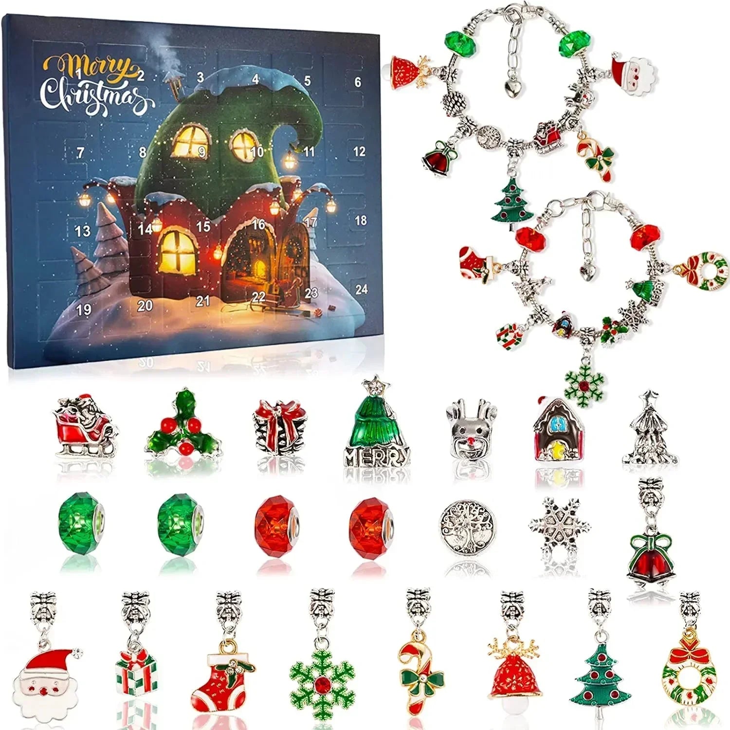 Set di gioielli dell'Avvento | Braccialetto di Natale fai-da-te con 24 ciondoli | Idea festiva per il conto alla rovescia