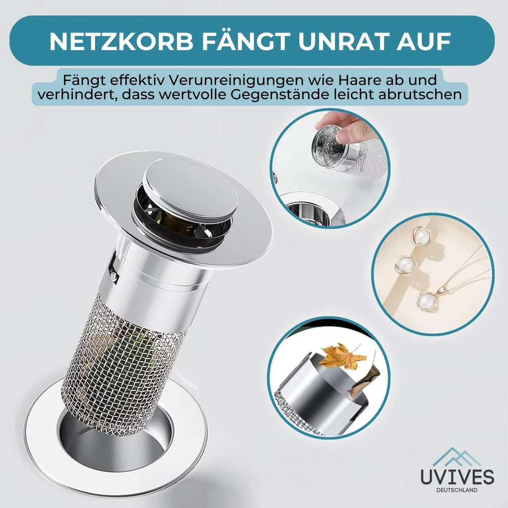 Filtro per scarico in acciaio inossidabile PureFlow™ | Scarico a pavimento 2-in-1 e tappo per lavandino | Previene ostruzioni e odori | Inossidabile e facile da pulire