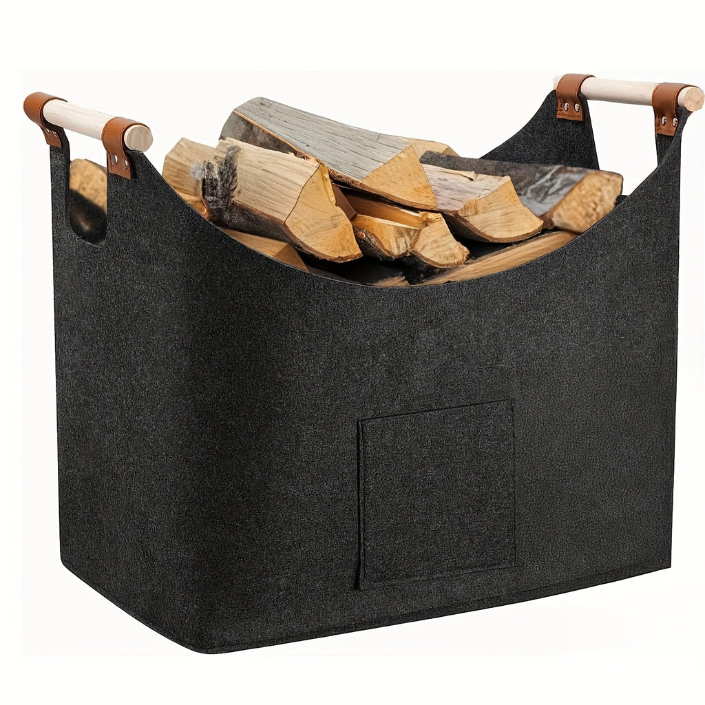 Cesto per legna da ardere FELDURA | Pieghevole | Volume 55L | Con manici in legno e dettagli in pelle | Grigio scuro