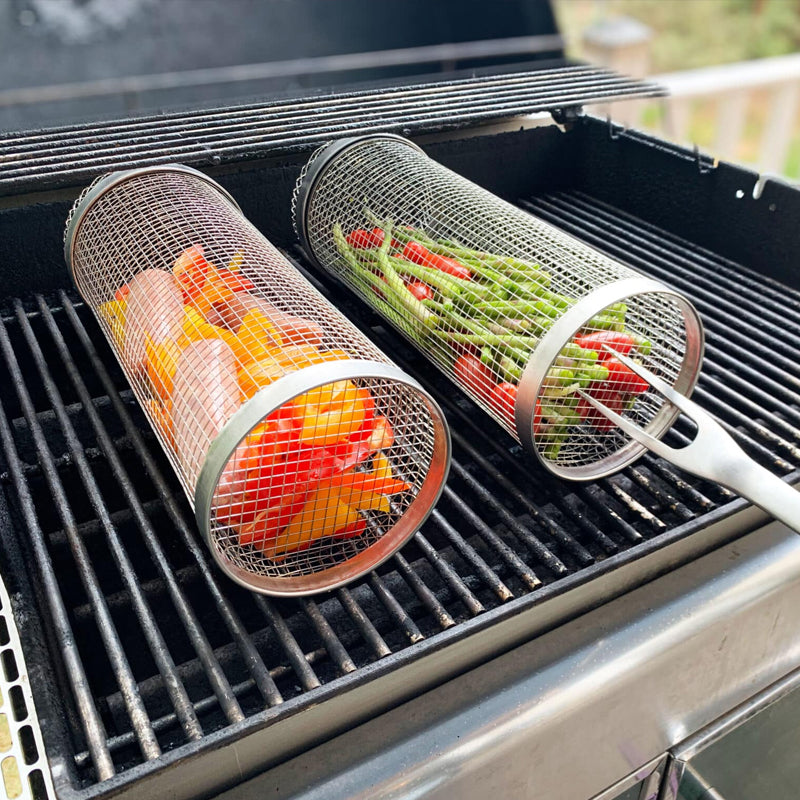 GrillMaster – Cestello per BBQ in acciaio inossidabile a 360° | 1+1 GRATIS | Cottura uniforme senza bruciature | Ideale per carne, verdure e affumicatura