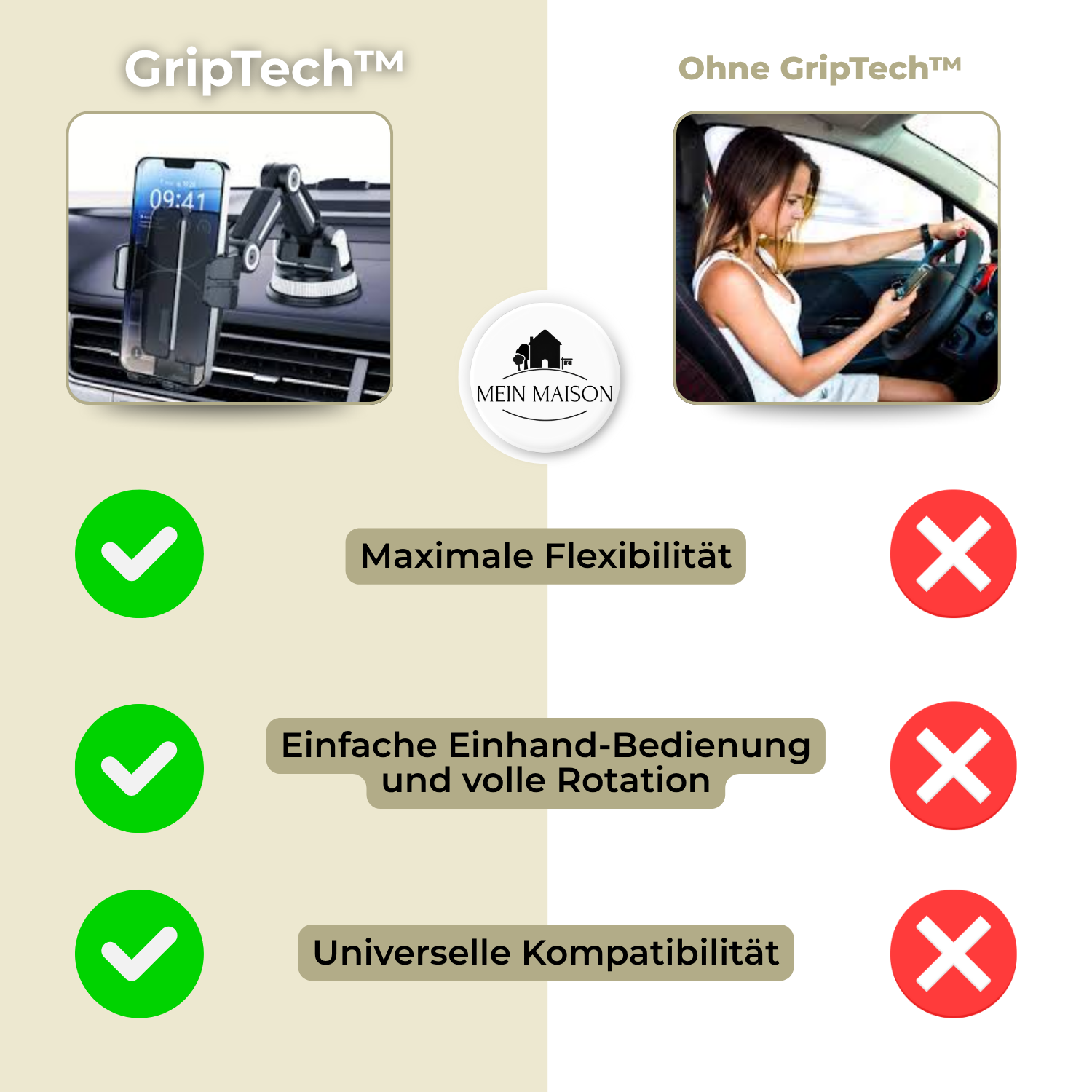 Supporto per telefono auto GripTech | Forte adesione del ventosa | Rotazione 360° | Uso con una mano