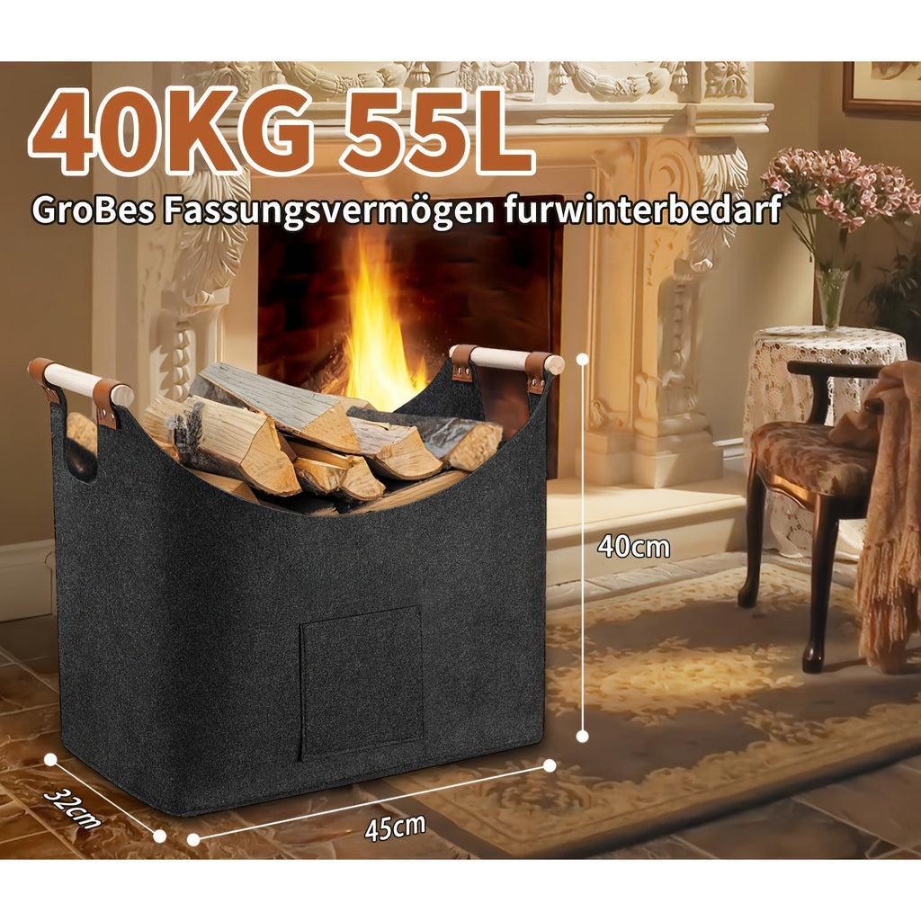 Cesto per legna da ardere FELDURA | Pieghevole | Volume 55L | Con manici in legno e dettagli in pelle | Grigio scuro