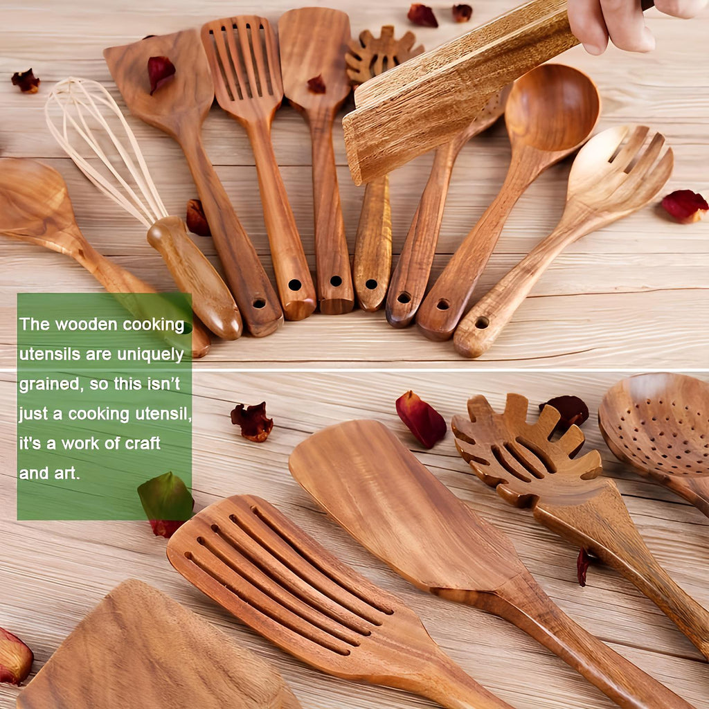 Set di Utensili da Cucina in Teak da 11 Pezzi | Con Supporto | Legno Naturale