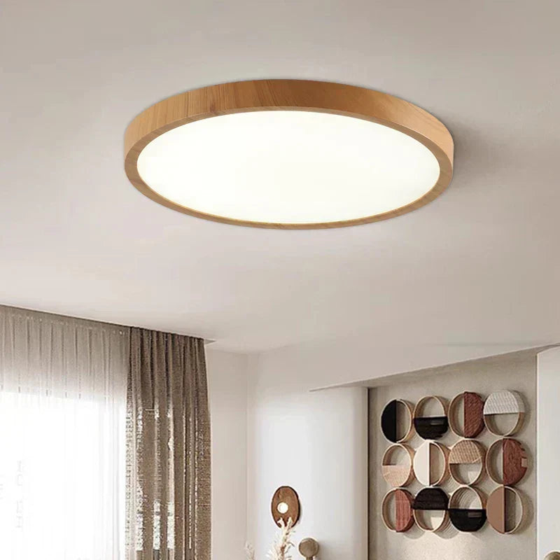 Lampada da soffitto circolare moderna con illuminazione LED regolabile in calda finitura noce per soggiorno e camera da letto
