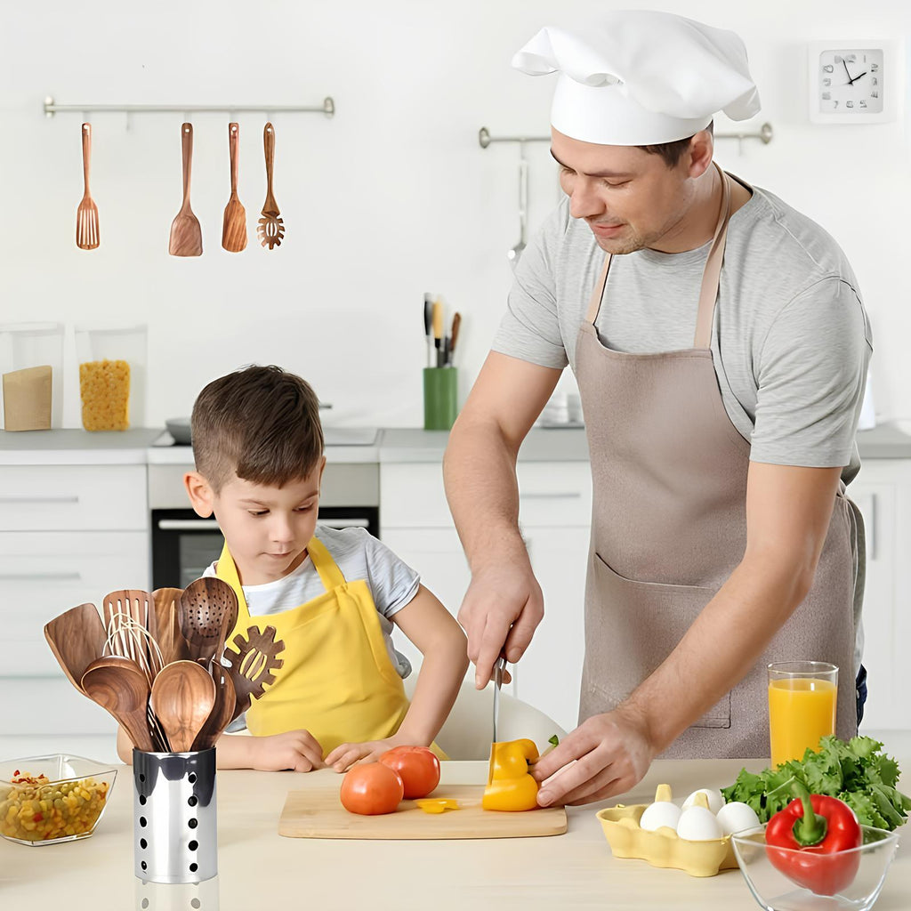 Set di Utensili da Cucina in Teak da 11 Pezzi | Con Supporto | Legno Naturale