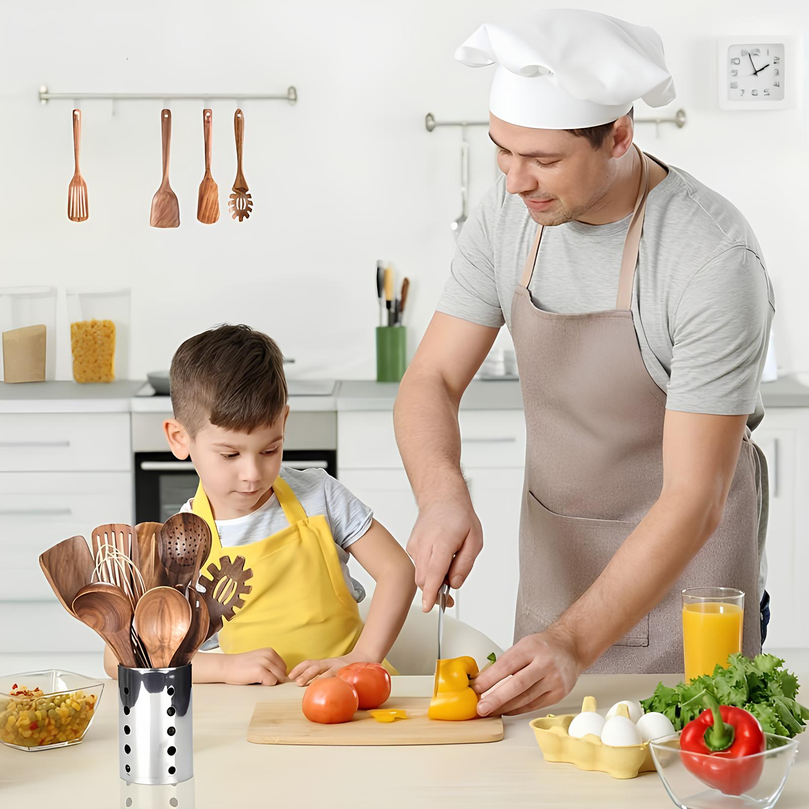Set di Utensili da Cucina in Teak da 11 Pezzi | Con Supporto | Legno Naturale