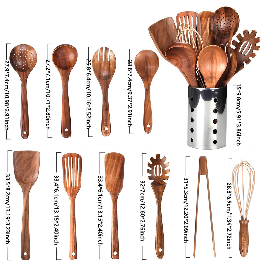 Set di Utensili da Cucina in Teak da 11 Pezzi | Con Supporto | Legno Naturale