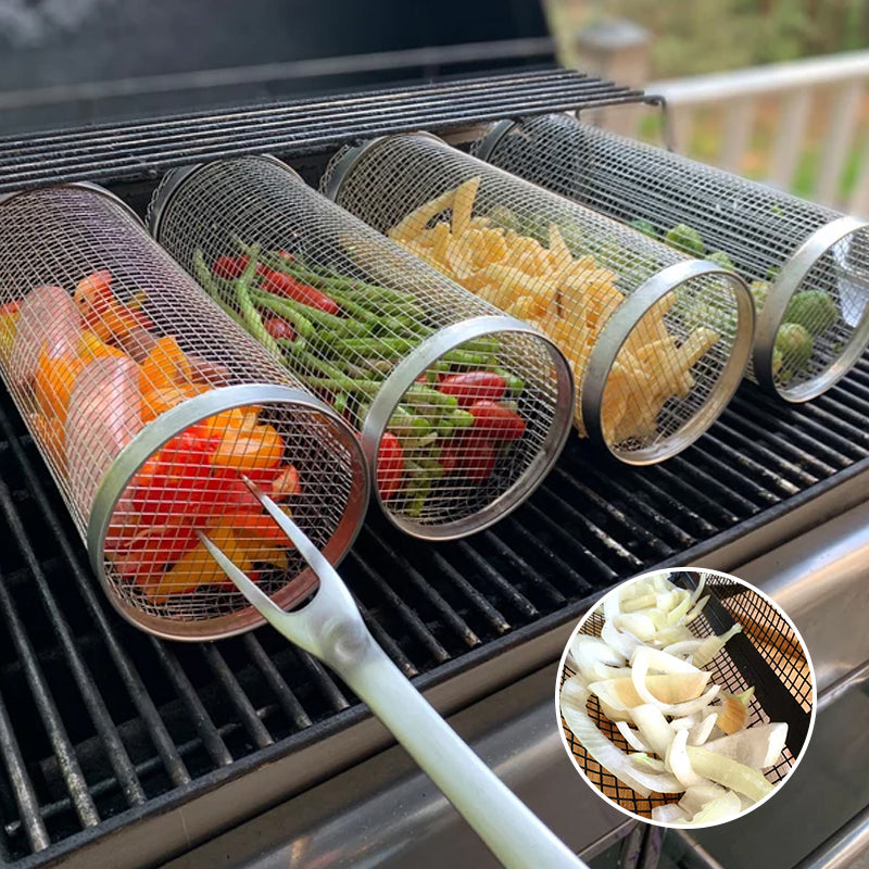 GrillMaster – Cestello per BBQ in acciaio inossidabile a 360° | 1+1 GRATIS | Cottura uniforme senza bruciature | Ideale per carne, verdure e affumicatura
