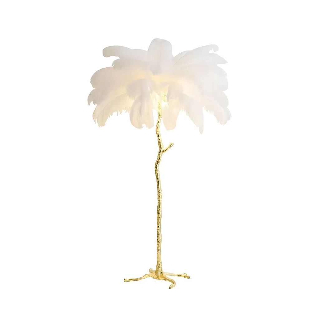 Lampada a stelo in piume – Finitura dorata – Bianca – 160 cm – Presenza elegante per soggiorno e camera da letto