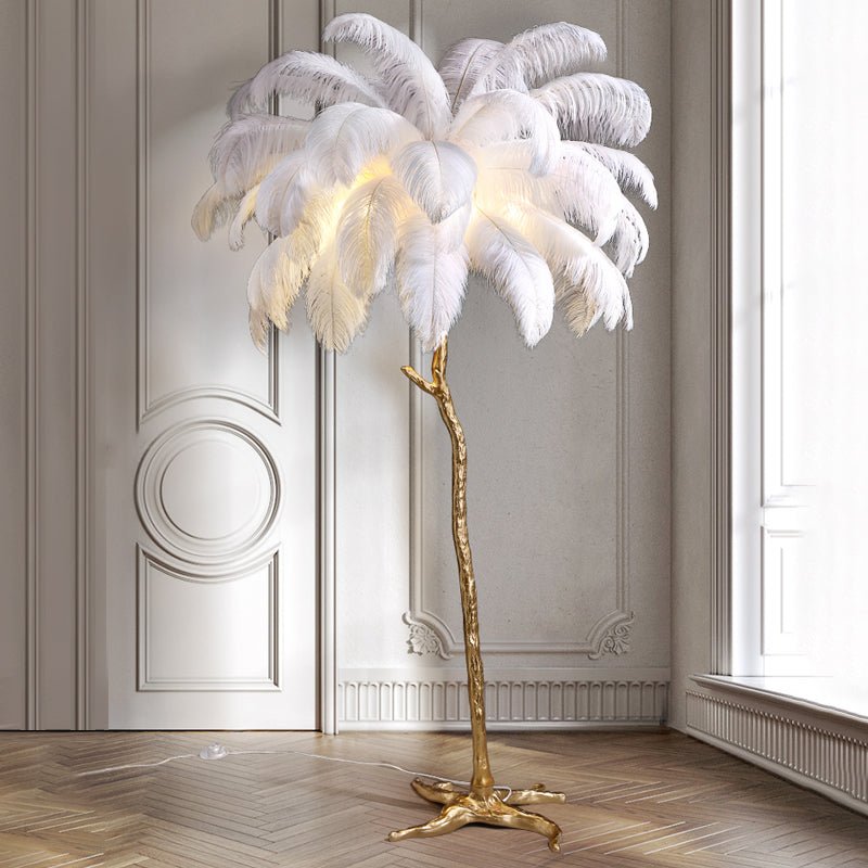 Lampada a stelo in piume – Finitura dorata – Bianca – 160 cm – Presenza elegante per soggiorno e camera da letto