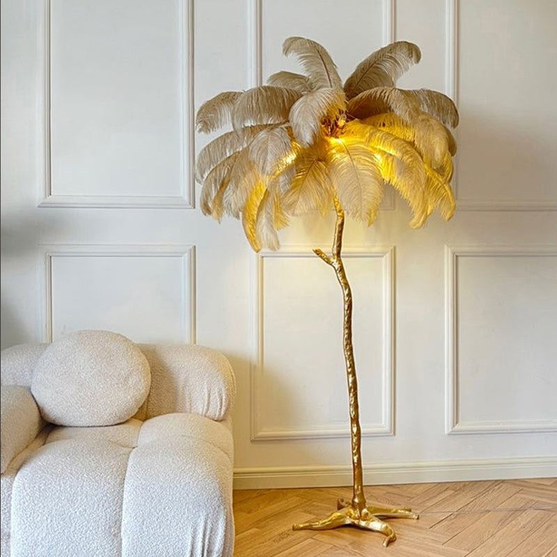 Lampada a stelo in piume – Finitura dorata – Bianca – 160 cm – Presenza elegante per soggiorno e camera da letto