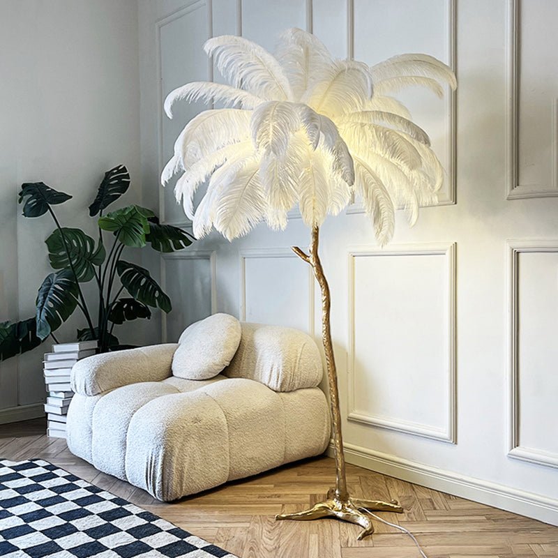 Lampada a stelo in piume – Finitura dorata – Bianca – 160 cm – Presenza elegante per soggiorno e camera da letto