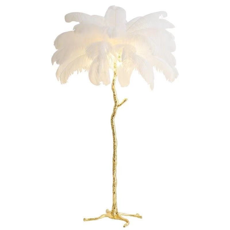 Lampada a stelo in piume – Finitura dorata – Bianca – 160 cm – Presenza elegante per soggiorno e camera da letto