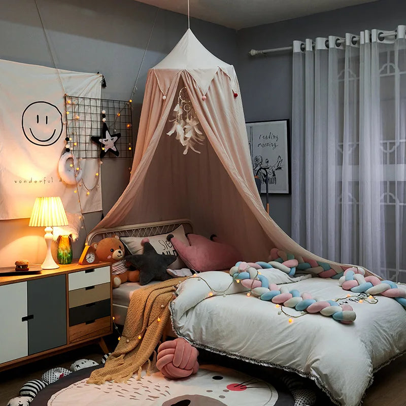 LumaNest Tenda per Letto Bambini con Frange in Bianco Rosa Grigio