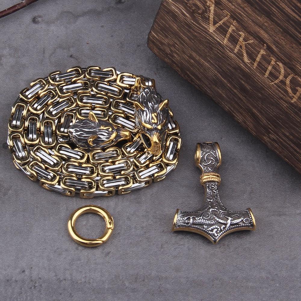 Collana/Bracciale in Acciaio Inossidabile con Doppio Testa di Lupo e Mjolnir da 60–90 cm