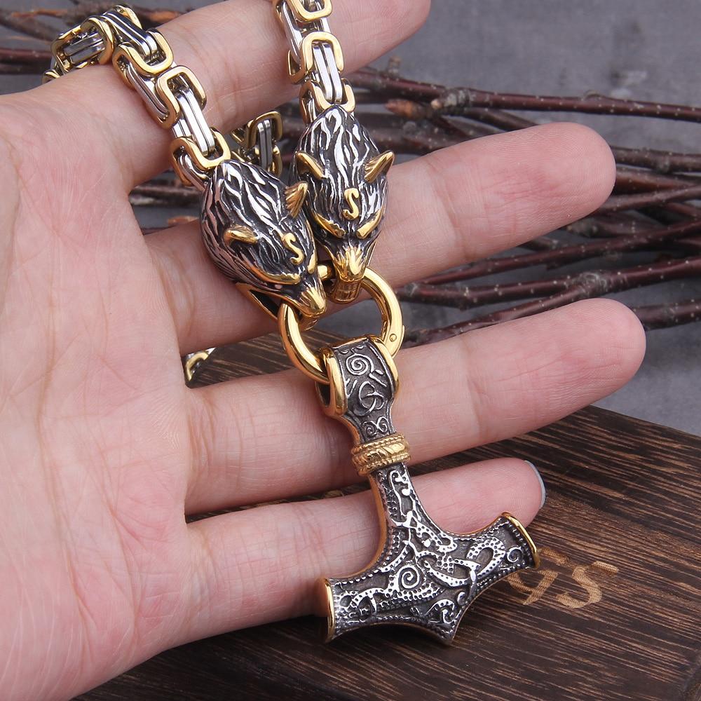 Collana/Bracciale in Acciaio Inossidabile con Doppio Testa di Lupo e Mjolnir da 60–90 cm