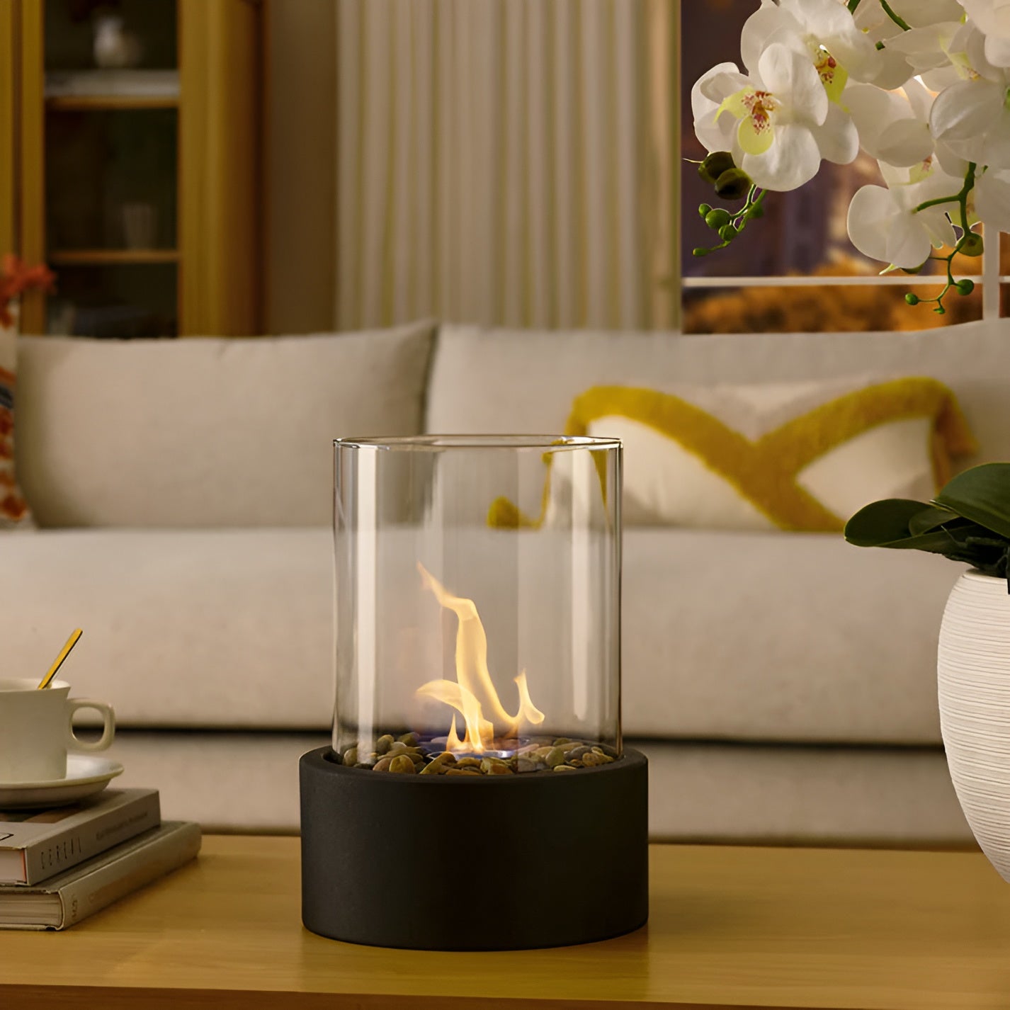 Focolare da Tavolo in Metallo - Base Nera Elegante - Design Raffinato
