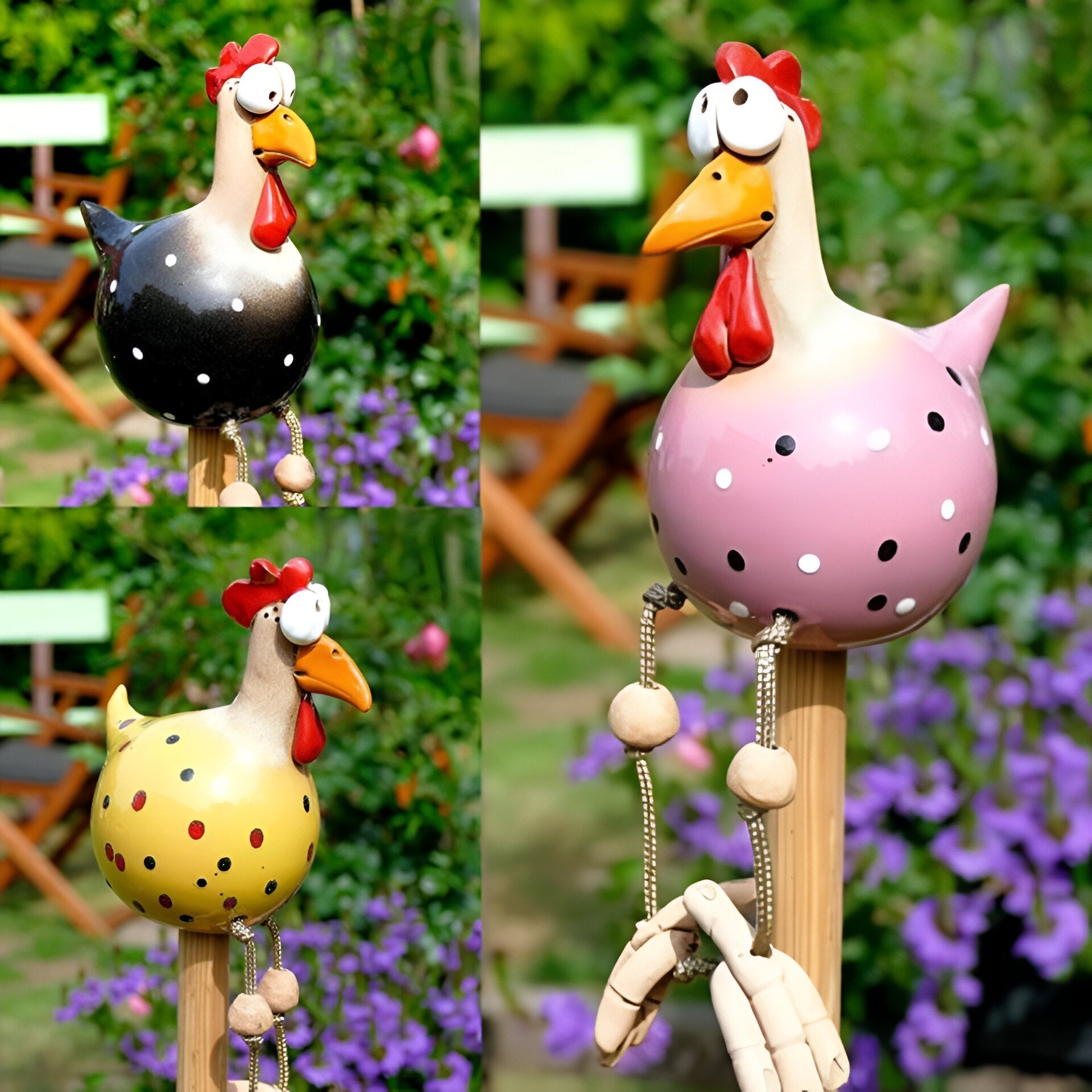 Statua di Gallina con Grandi Occhi - Artigianato in Resina Resistente alle Intemperie - Statua di Gallo da Giardino