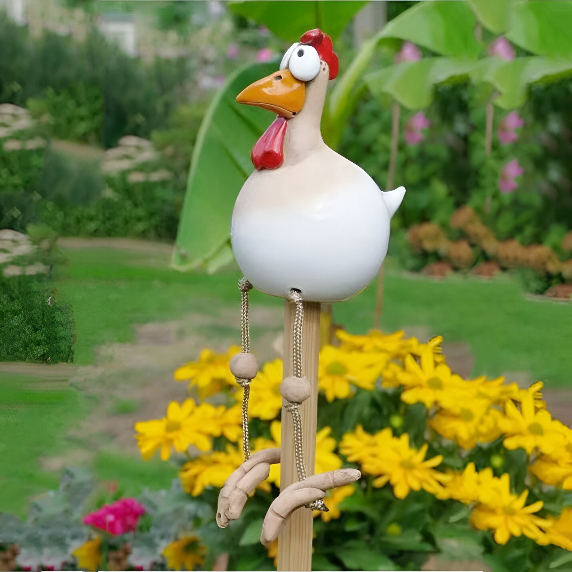 Statua di Gallina con Grandi Occhi - Artigianato in Resina Resistente alle Intemperie - Statua di Gallo da Giardino