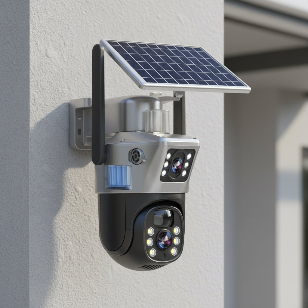 DUALGUARD CAM – Telecamera di sicurezza wireless 4K con pannello solare e visione a 360°