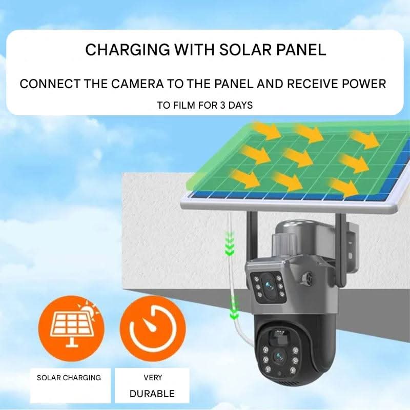 DUALGUARD CAM – Telecamera di sicurezza wireless 4K con pannello solare e visione a 360°