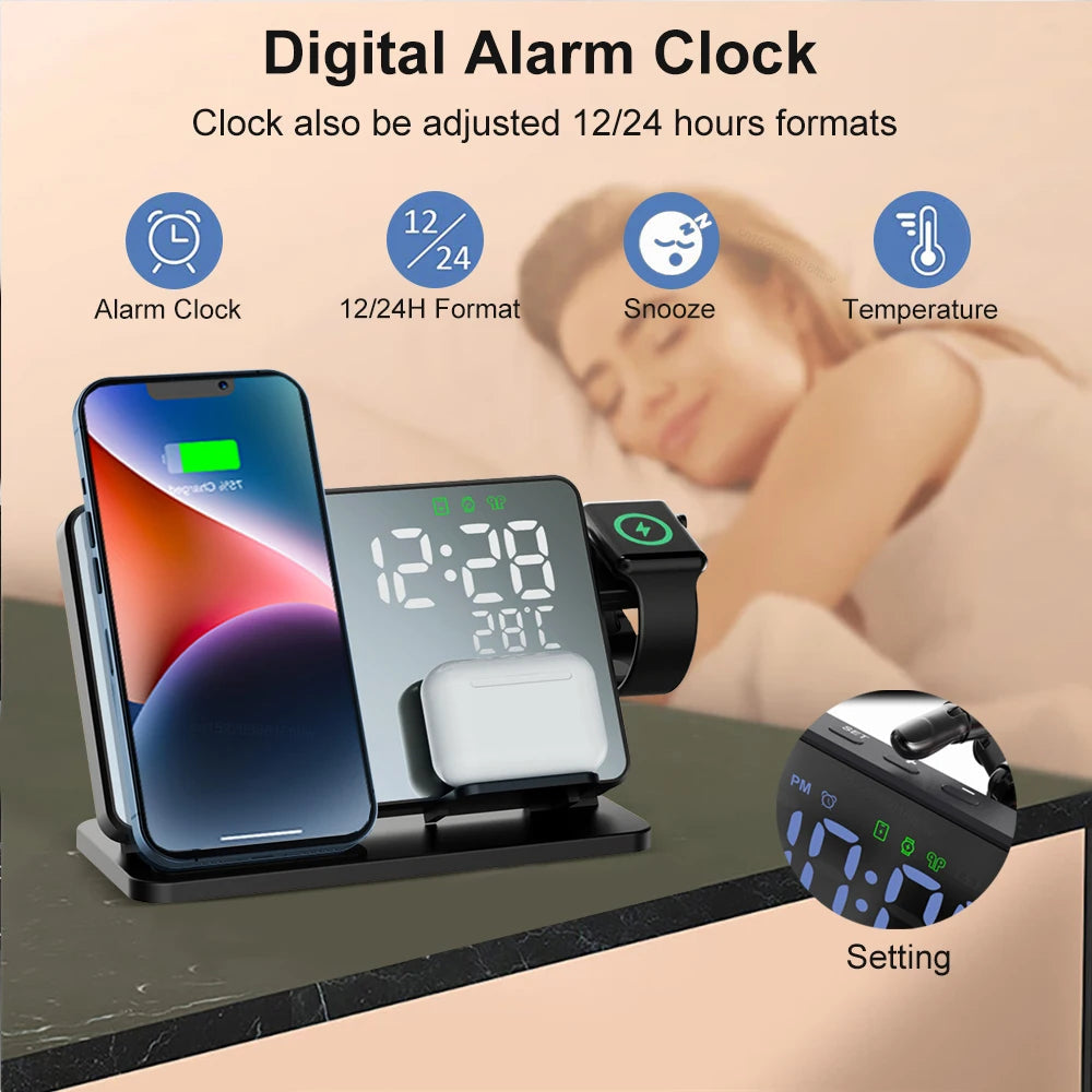 Caricatore 3-in-1 Rapido | Dock di Ricarica Wireless Premium con Sveglia | per Apple iPhone, Watch & AirPods