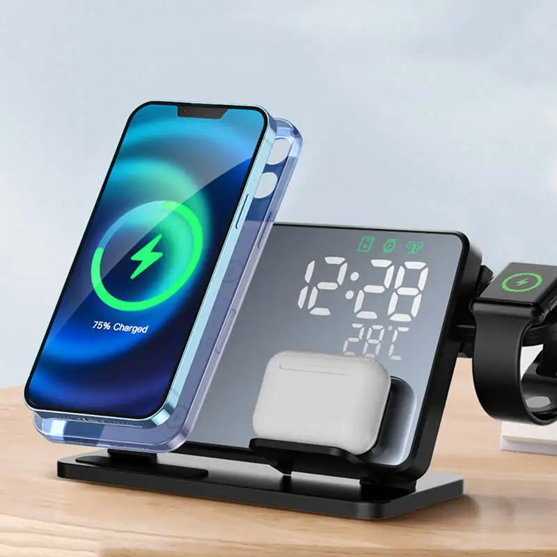 Caricatore 3-in-1 Rapido | Dock di Ricarica Wireless Premium con Sveglia | per Apple iPhone, Watch & AirPods