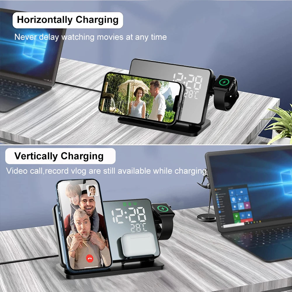 Caricatore 3-in-1 Rapido | Dock di Ricarica Wireless Premium con Sveglia | per Apple iPhone, Watch & AirPods