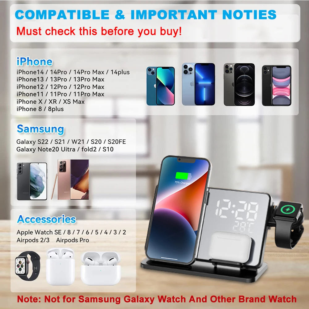 Caricatore 3-in-1 Rapido | Dock di Ricarica Wireless Premium con Sveglia | per Apple iPhone, Watch & AirPods