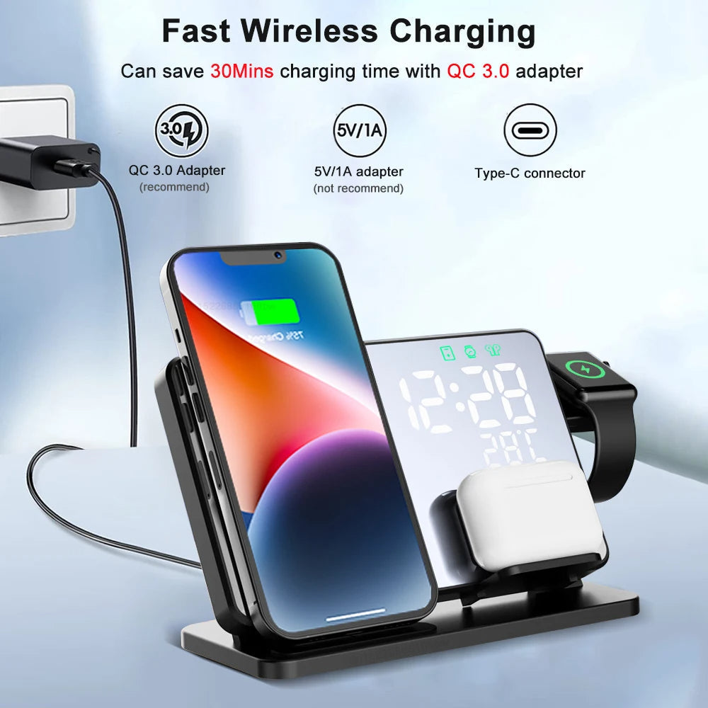 Caricatore 3-in-1 Rapido | Dock di Ricarica Wireless Premium con Sveglia | per Apple iPhone, Watch & AirPods