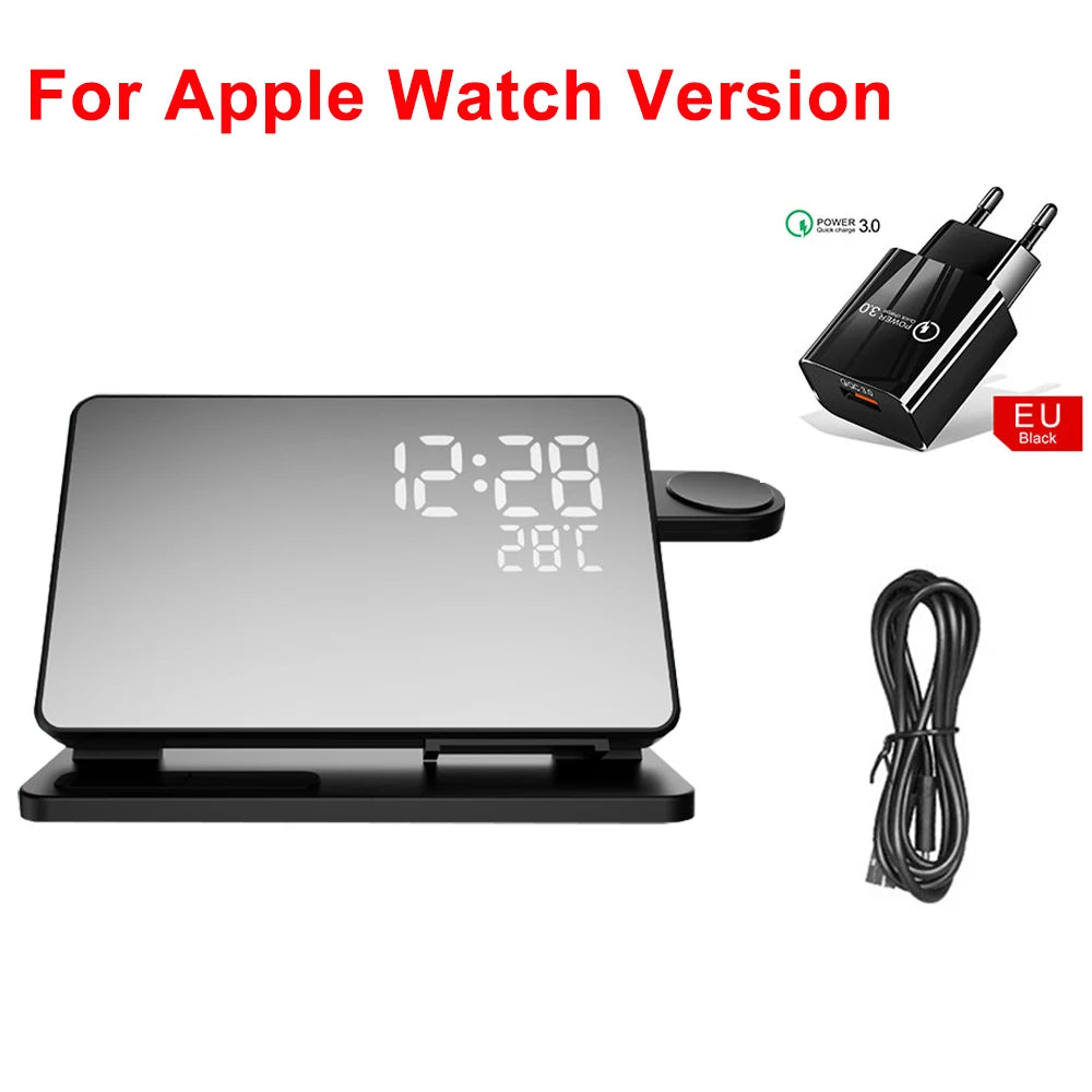 Caricatore 3-in-1 Rapido | Dock di Ricarica Wireless Premium con Sveglia | per Apple iPhone, Watch & AirPods
