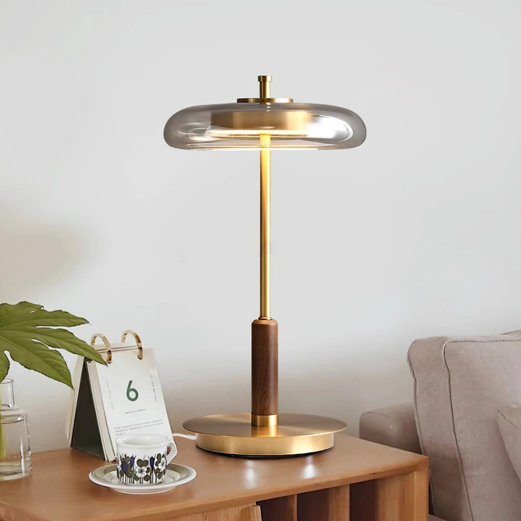 Lampada da Tavolo Landero – Vetro, Legno, Metallo – Bianco Caldo – Ø 22 cm – Design Moderno per Atmosfere Eleganti