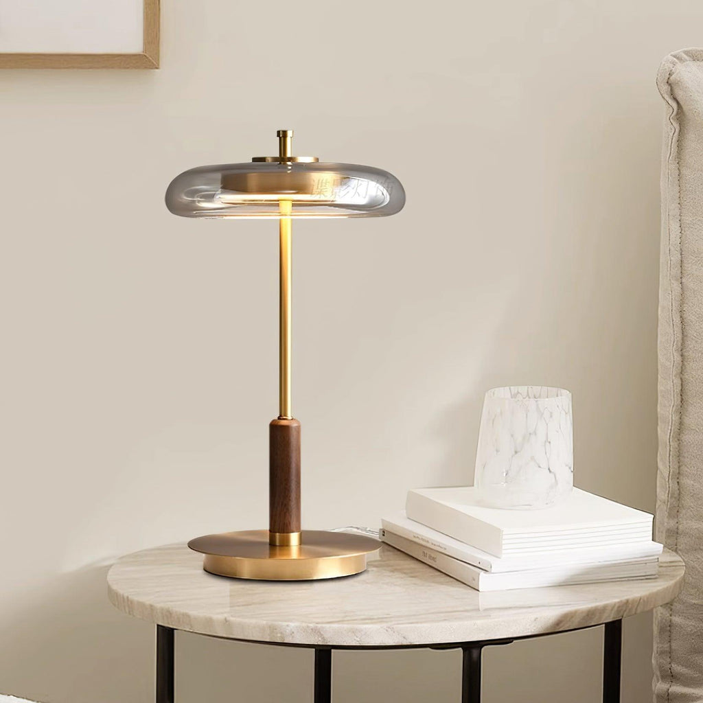 Lampada da Tavolo Landero – Vetro, Legno, Metallo – Bianco Caldo – Ø 22 cm – Design Moderno per Atmosfere Eleganti