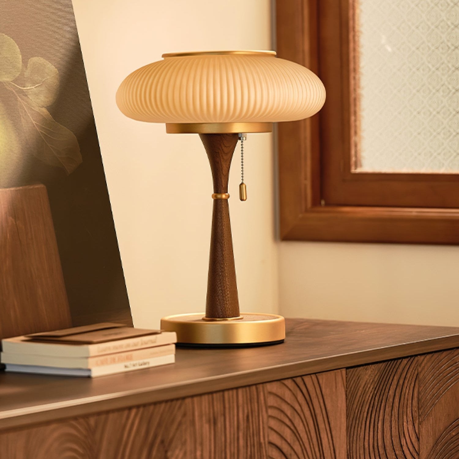 Lampada da tavolo Matsuteko – Legno di noce e vetro – Luce calda – Stile retro – E26/E27
