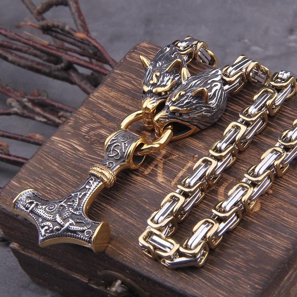 Collana/Bracciale in Acciaio Inossidabile con Doppio Testa di Lupo e Mjolnir da 60–90 cm
