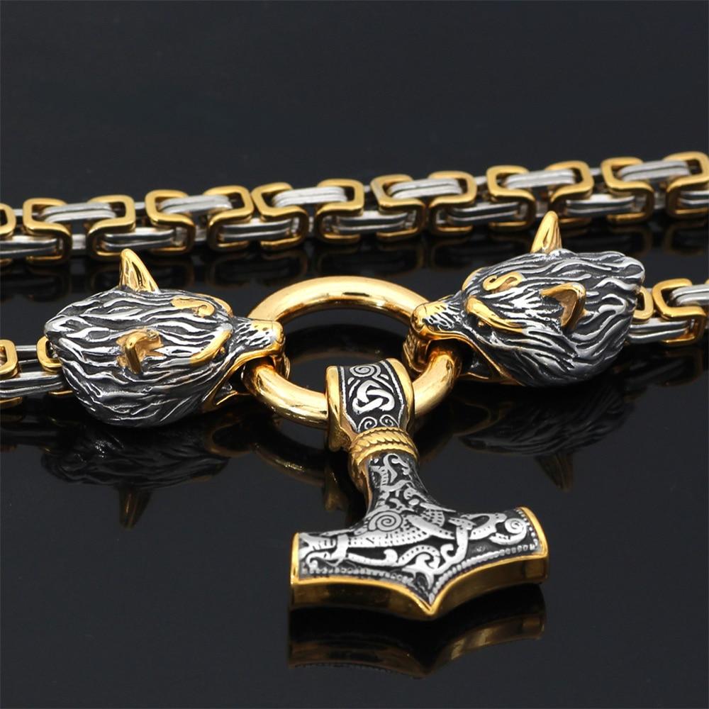 Collana/Bracciale in Acciaio Inossidabile con Doppio Testa di Lupo e Mjolnir da 60–90 cm