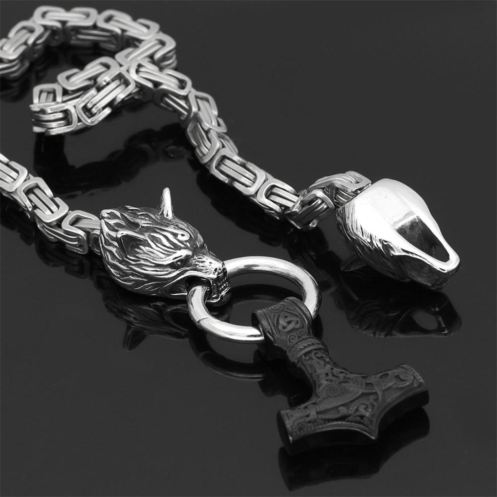 Collana/Bracciale in Acciaio Inossidabile con Doppio Testa di Lupo e Mjolnir da 60–90 cm