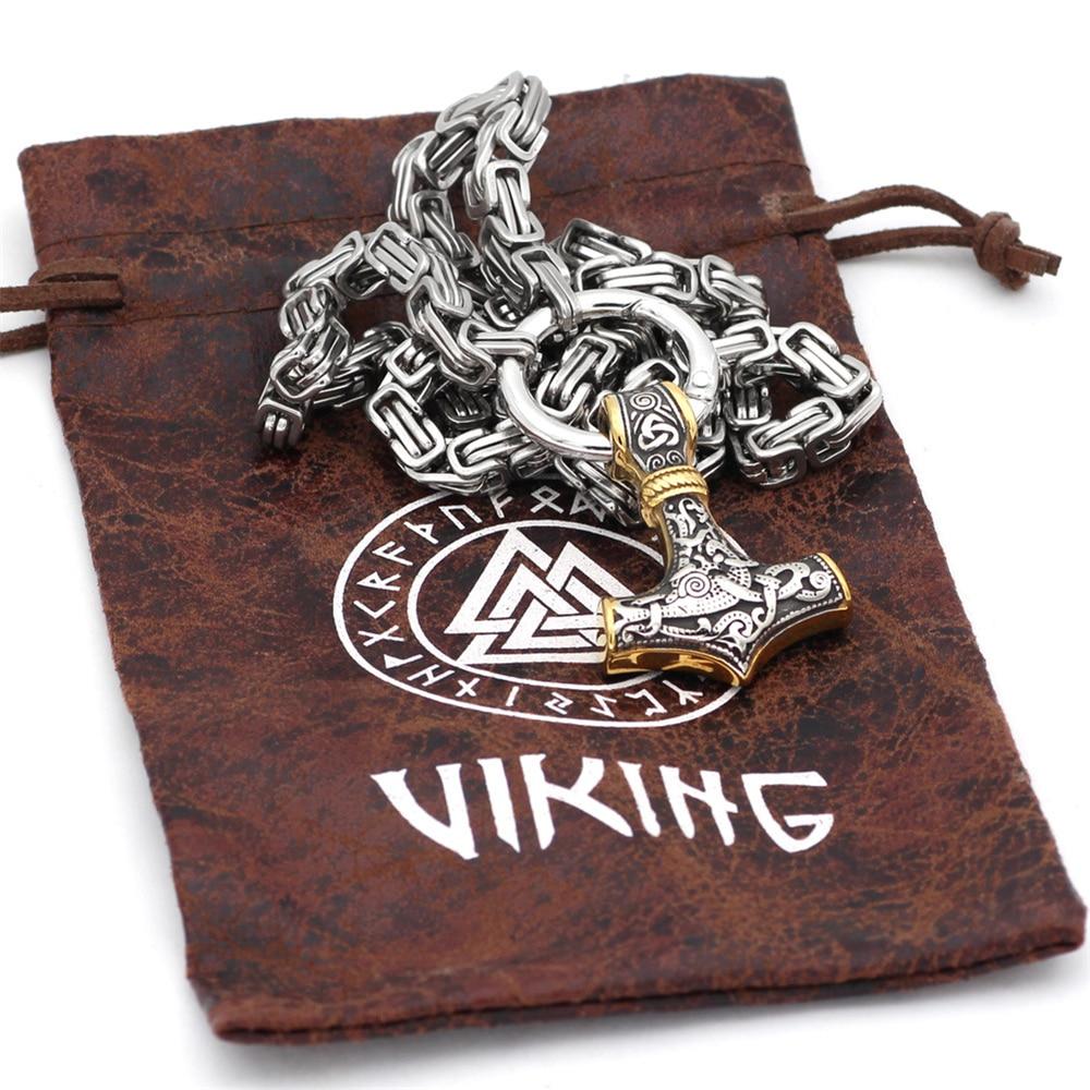 Collana/Bracciale in Acciaio Inossidabile con Doppio Testa di Lupo e Mjolnir da 60–90 cm