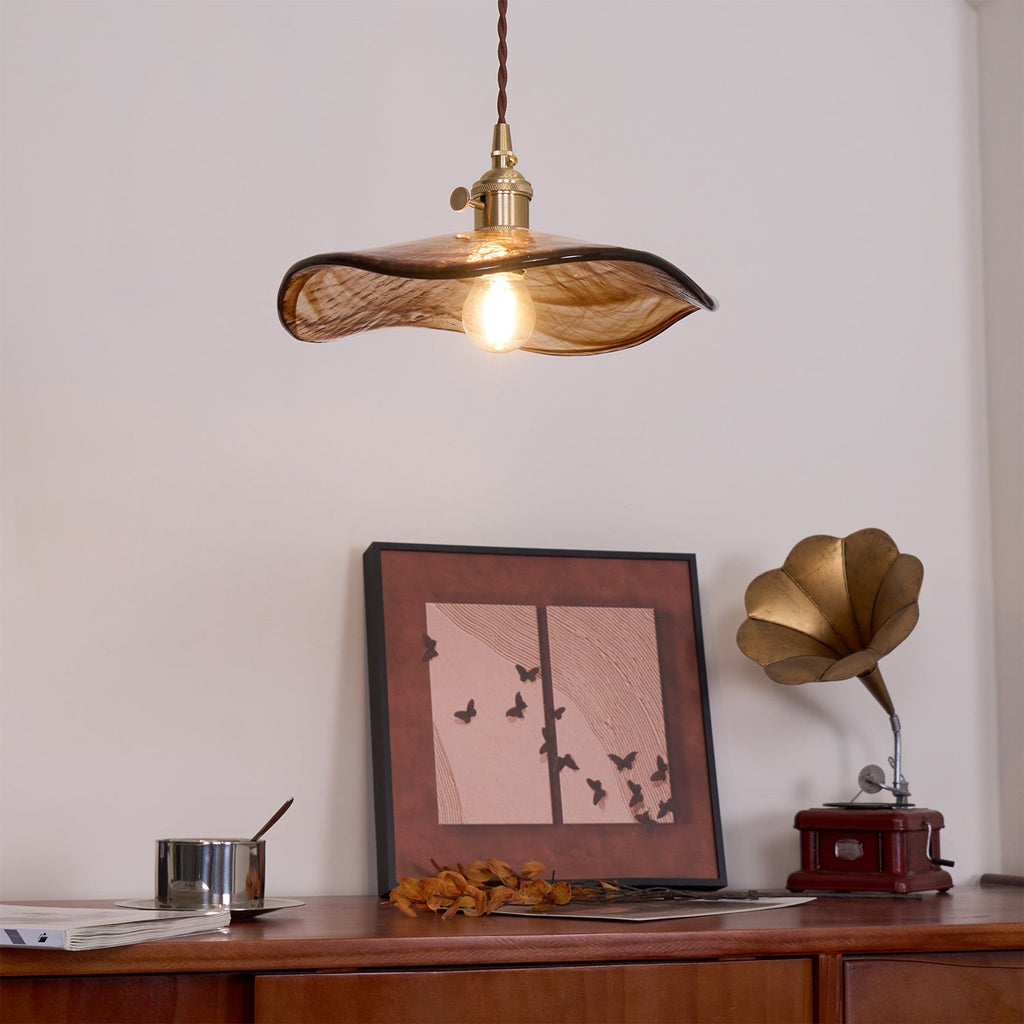 Pellezo Lampada a sospensione – Vetro – Marrone – Altezza regolabile – Design giocoso a petalo per sala da pranzo e soggiorno