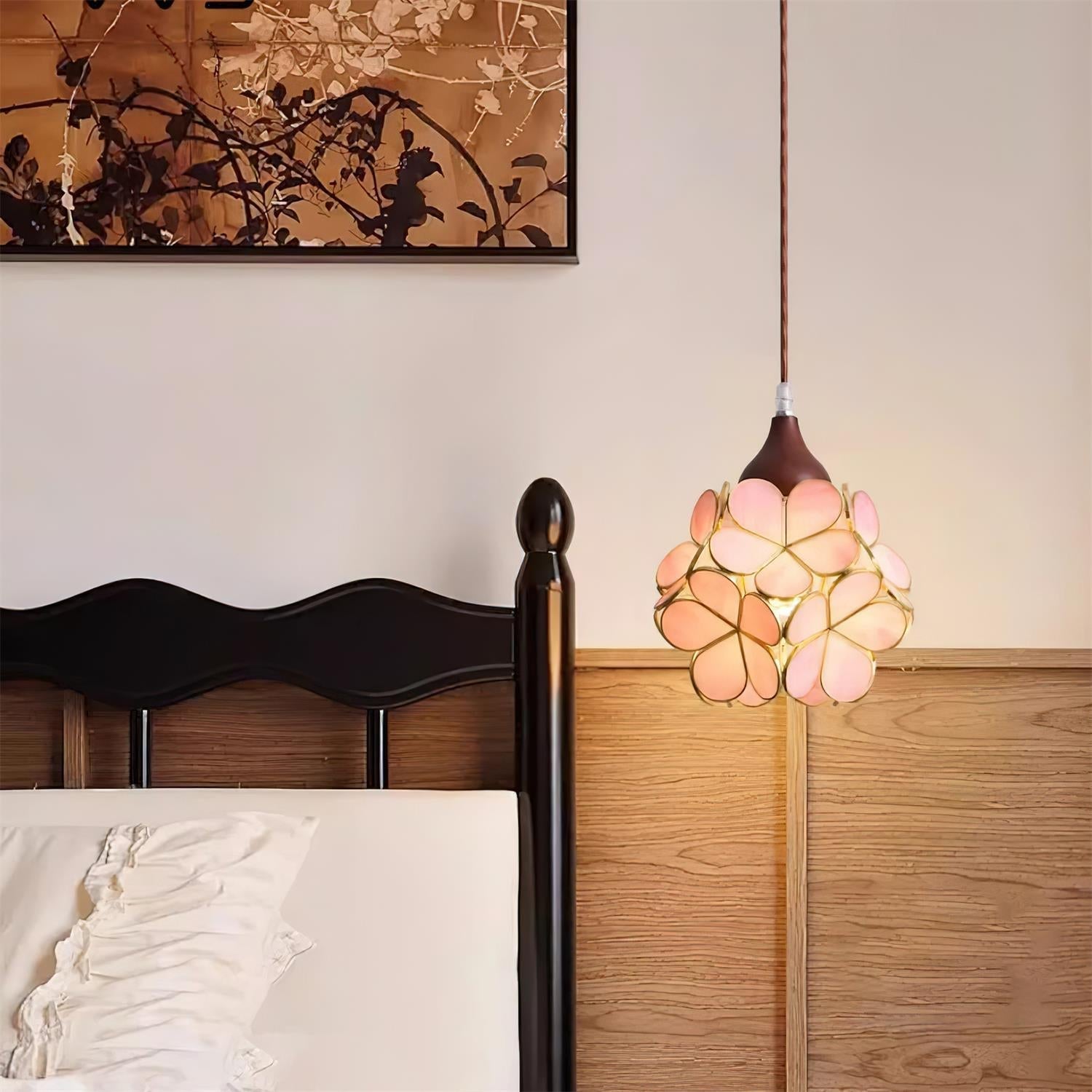 Lampadario – Legno & Vetro Rosa – 50×50 cm – Design Elegante per Sala da Pranzo e Soggiorno