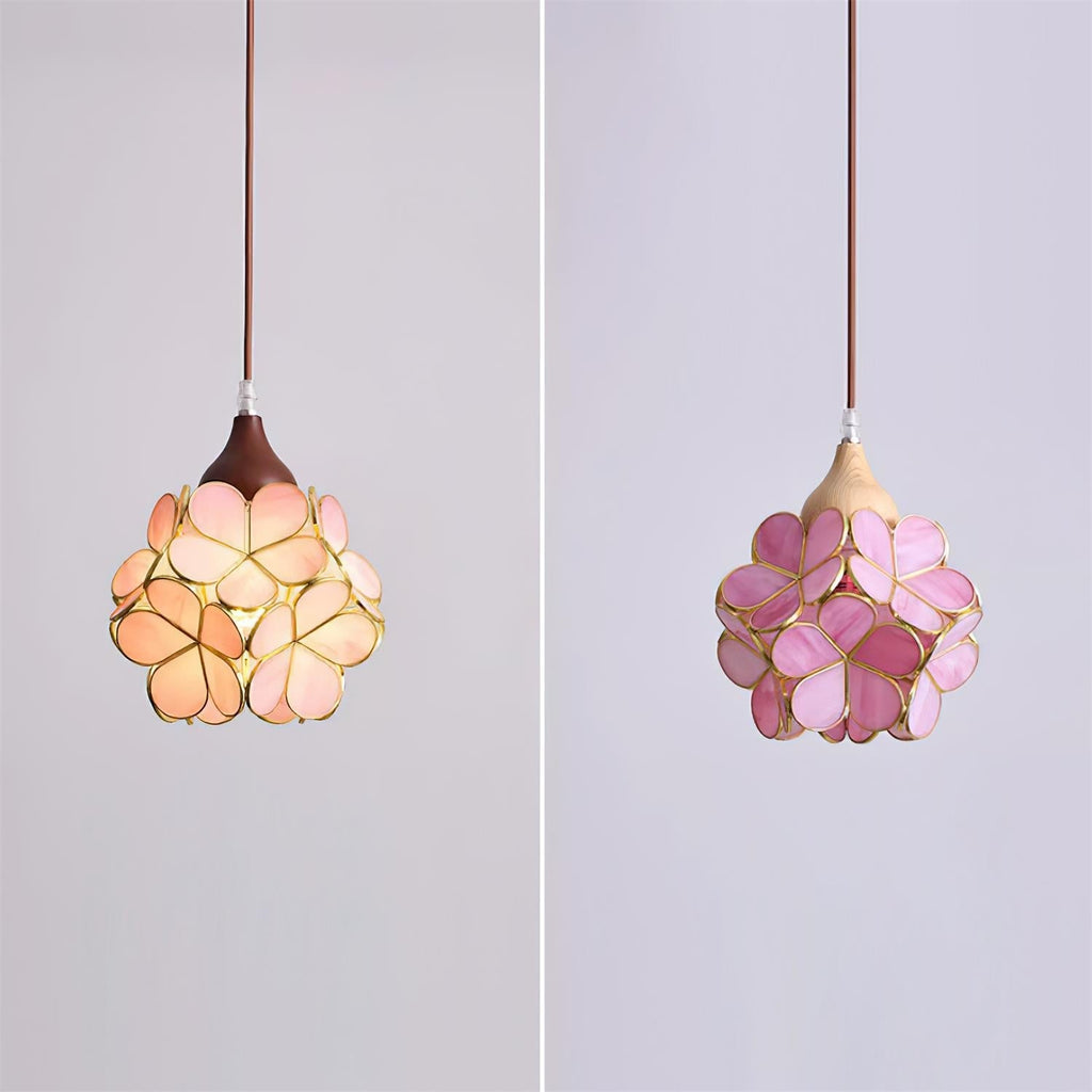 Lampadario – Legno & Vetro Rosa – 50×50 cm – Design Elegante per Sala da Pranzo e Soggiorno