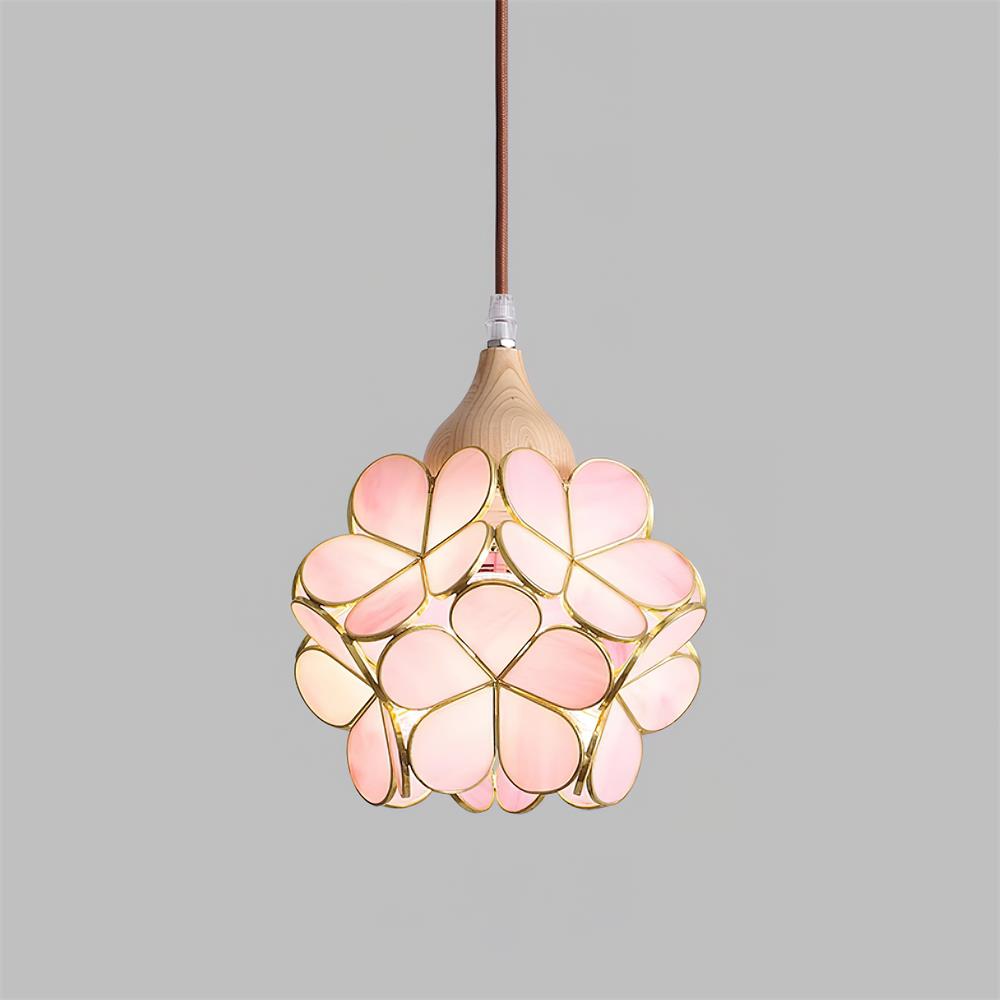 Lampadario – Legno & Vetro Rosa – 50×50 cm – Design Elegante per Sala da Pranzo e Soggiorno