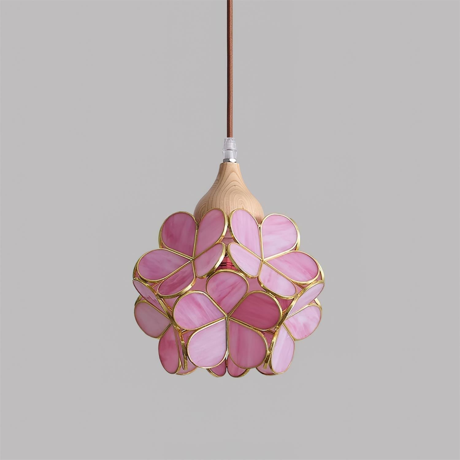 Lampadario – Legno & Vetro Rosa – 50×50 cm – Design Elegante per Sala da Pranzo e Soggiorno