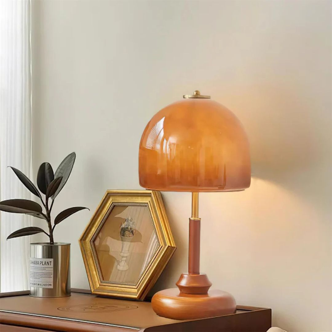 Lampada da Tavolo Pozzo – Copertura in Vetro – Noce – E26/E27 – Design Elegante