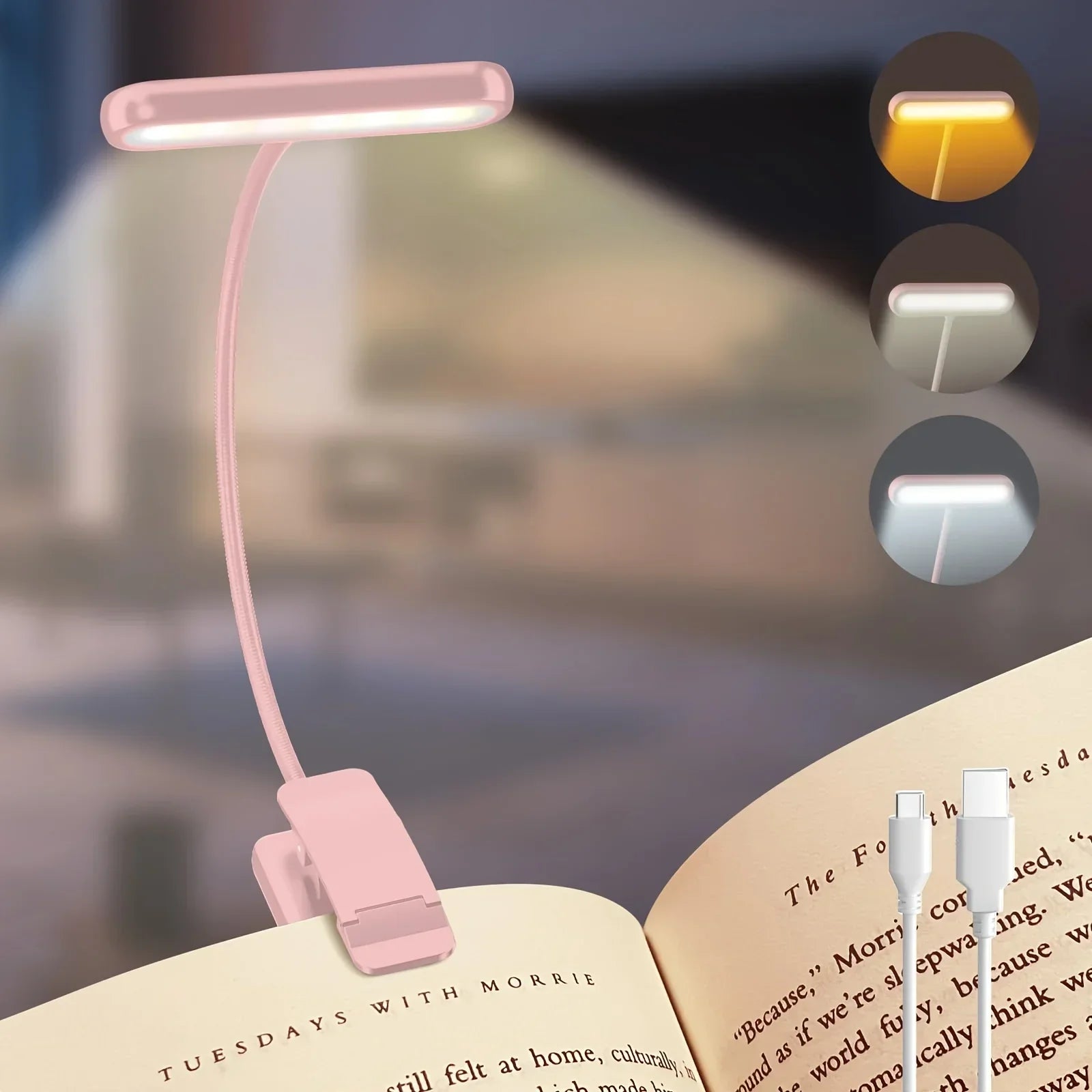 Lampada da lettura FlexiRead | Ricaricabile USB | 3 colori di luce e dimmerabile | Clip e braccio flessibile